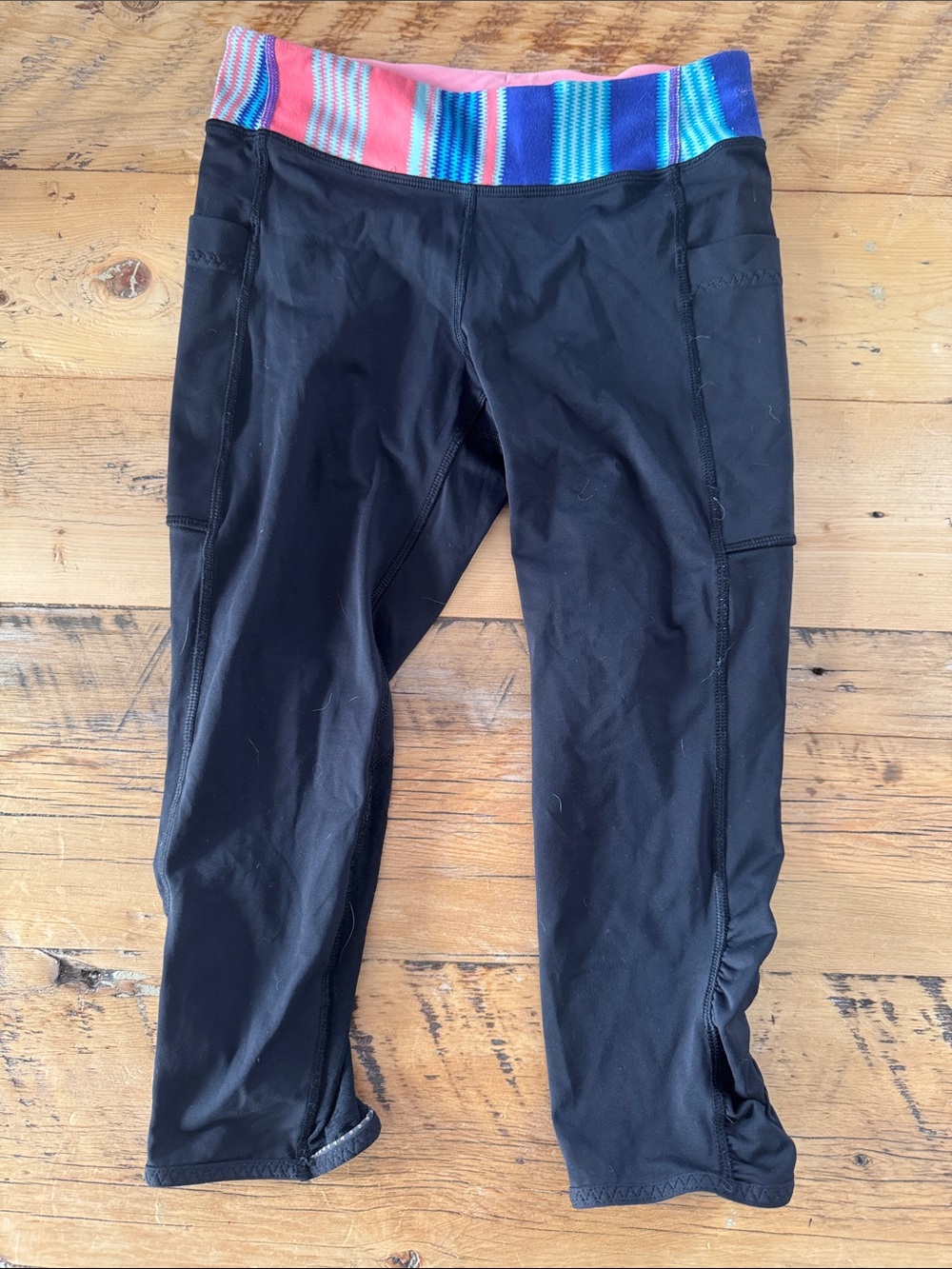 Ivivva Black Crop Leggings with Multicolor Striped Waistband